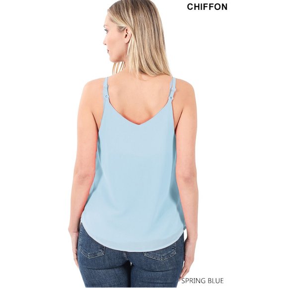 Spaghetti Strap Sleeveless Chiffon Top-Surplice Neck Side Buttons -Spring Blue - Picture 3 of 5